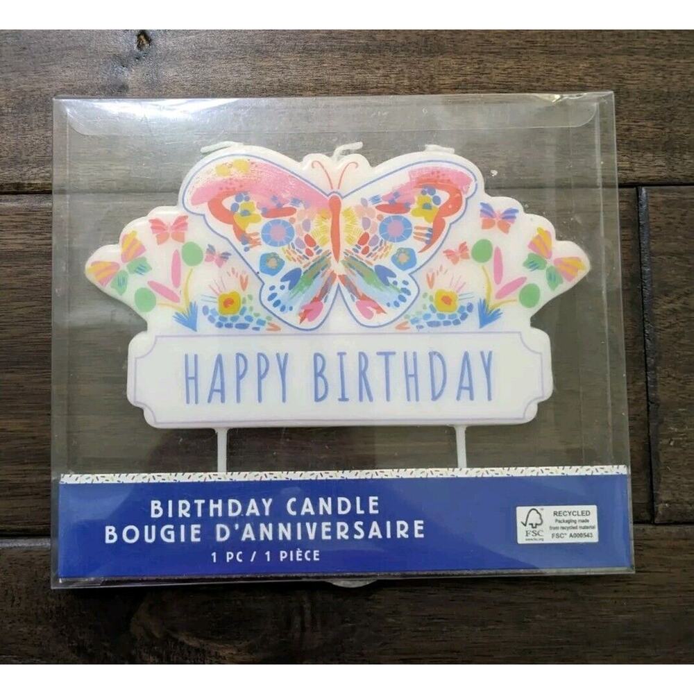 “HAPPY BIRTHDAY “ Butterfly Large Birthday Candle 6.75” X 3.5” H New THREE WICKS